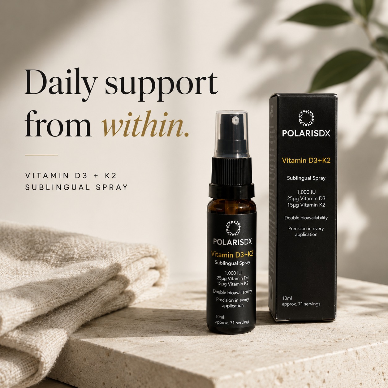 PolarisDX Vitamin D3+K2 Sublingual Spray — bottle + box detail